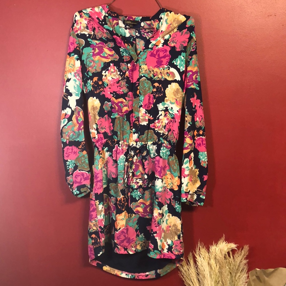 Navy dress with bright floral pattern